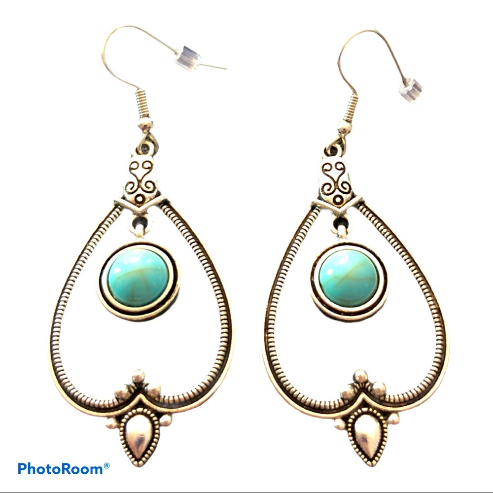 New! Boho‎ Southwestern Turquoise Hoops Antiqued Silver Earrings